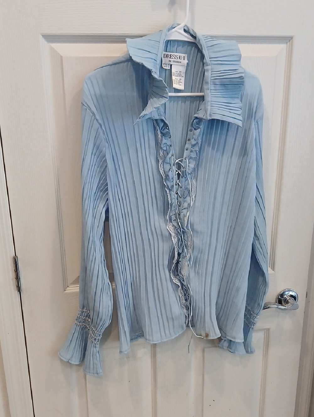 Light Blue Pleated Ruffled Blouse